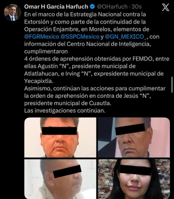 Detienen a alcaldes de Morelos en operativo federal contra la extorsión